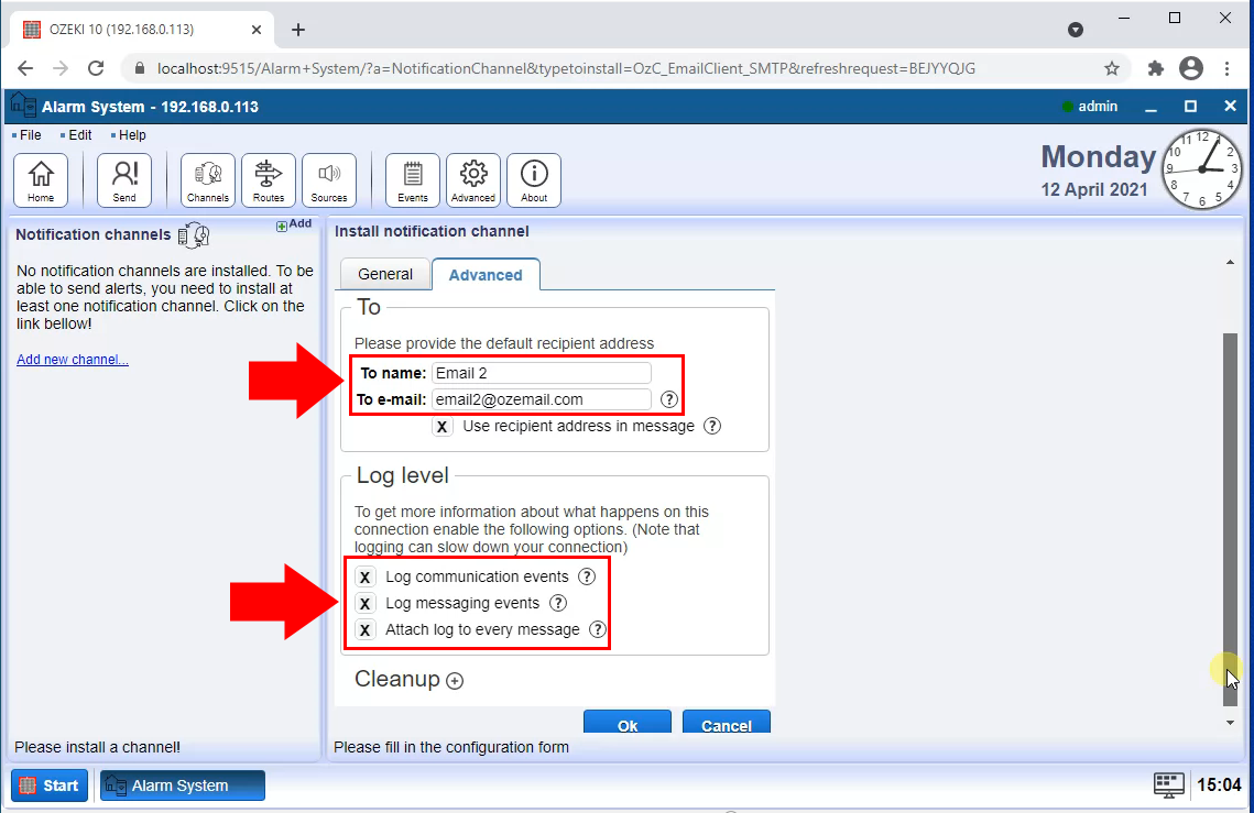 provide recipient address and enable logging