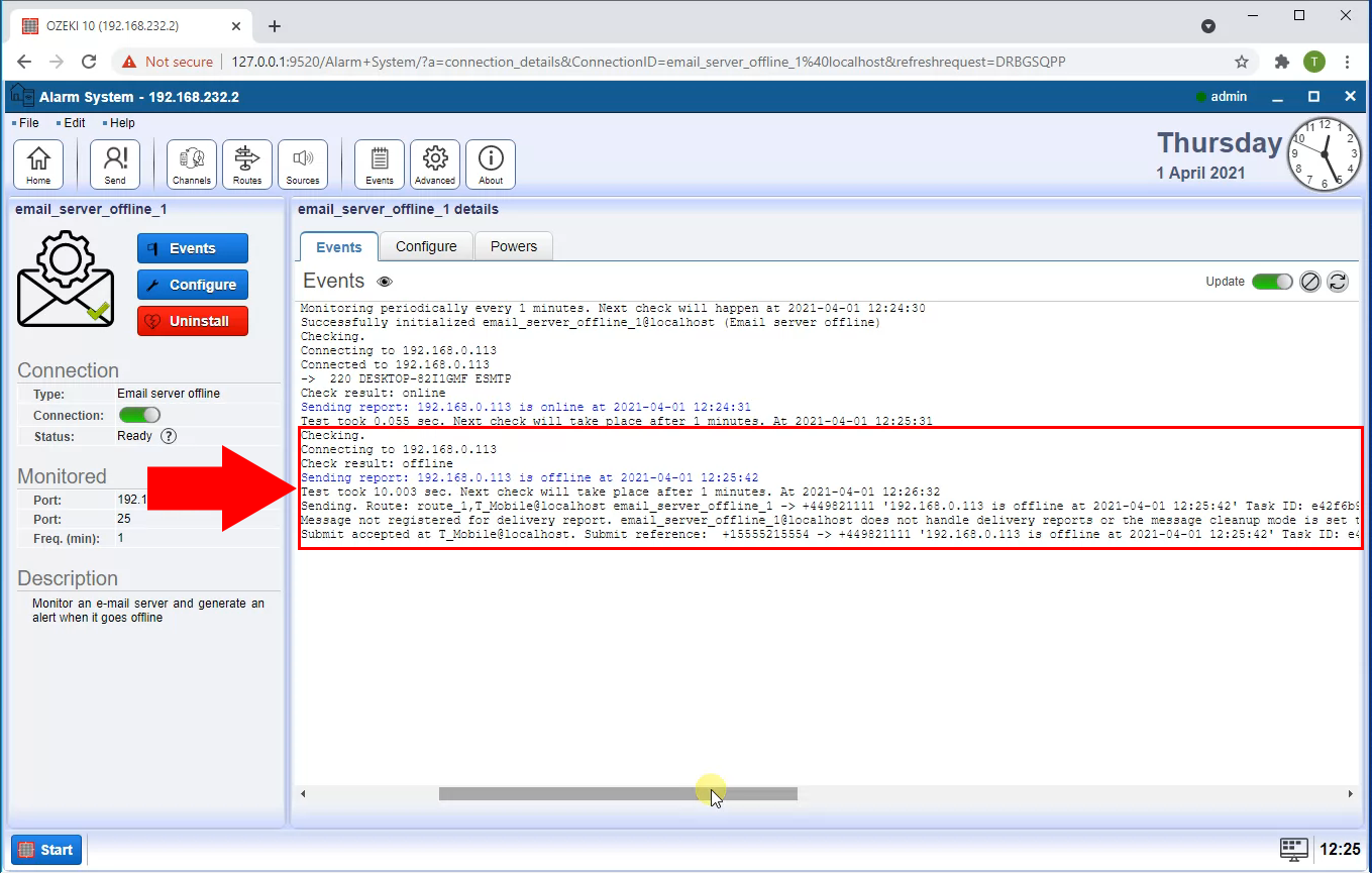 send report when email server goes offline